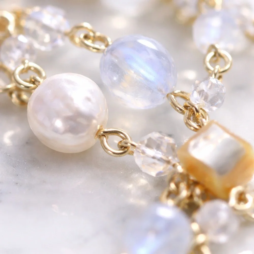 Cookie Lee Freshwater Pearl Moonstone Multi-Strand Bracelet Gold Toggle Crystal